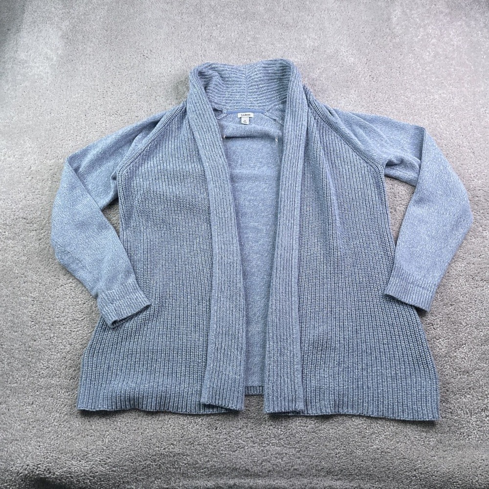 LL Bean Sweater Womens Medium Blue Shaker Stitch Shawl Open Front Cardigan